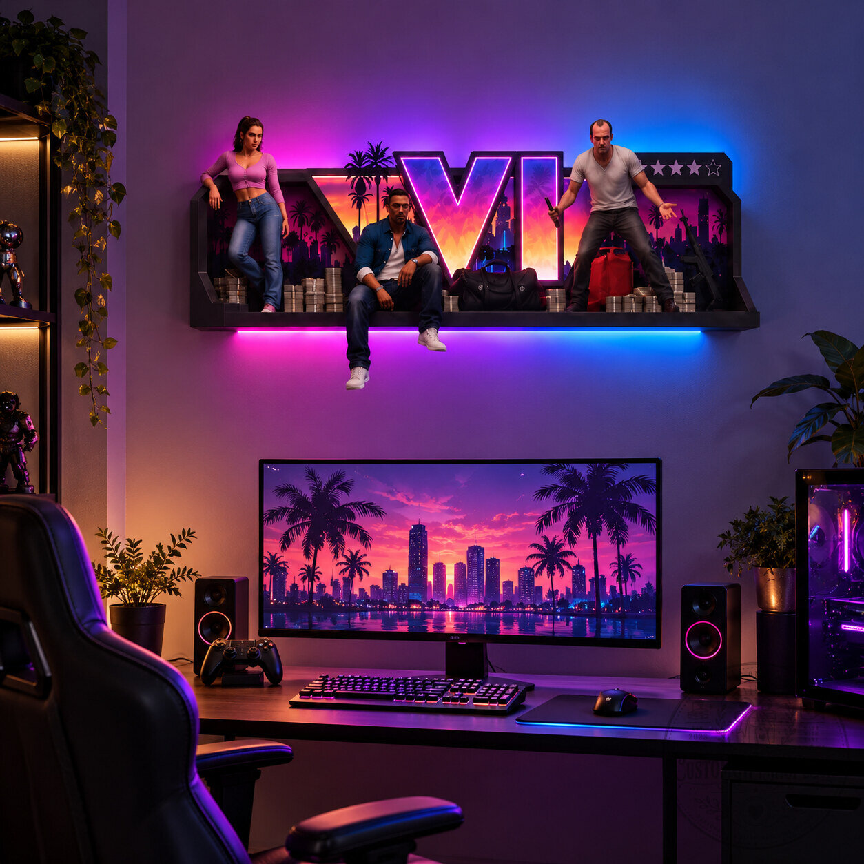 GTA VI LED Light Box & Diorama Shelf – Grand Theft Auto 6 Vice City Character Display | Gaming Room Decor