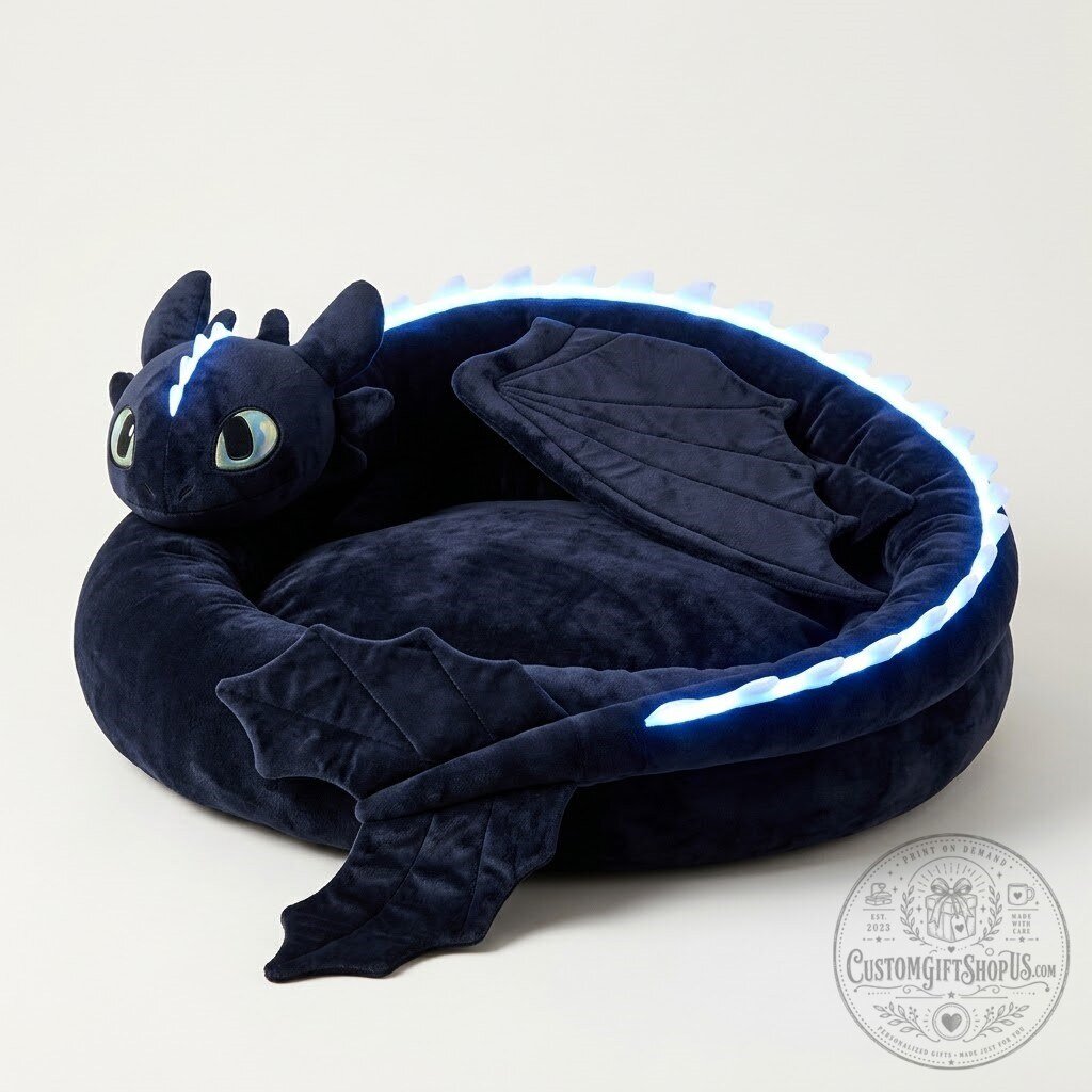 Toothless Cat Bed – How to Train Your Dragon Plush Pet Bed | Black Night Fury Cat Nest with LED Glow