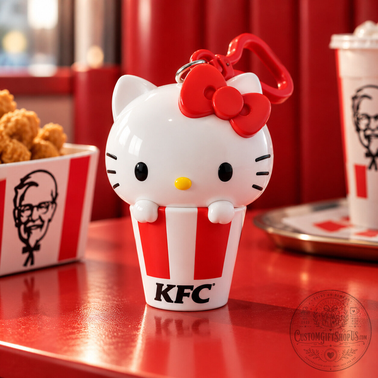 Hello Kitty KFC x Sanrio Figure Keychain – 2026 Limited Edition Fast Food Character Collectible | Cute Mini Display Charm Hello Kitty KFC x Sanrio Figure Keychain – 2026 Limited Edition Fast Food Character Collectible | Cute Mini Display Charm