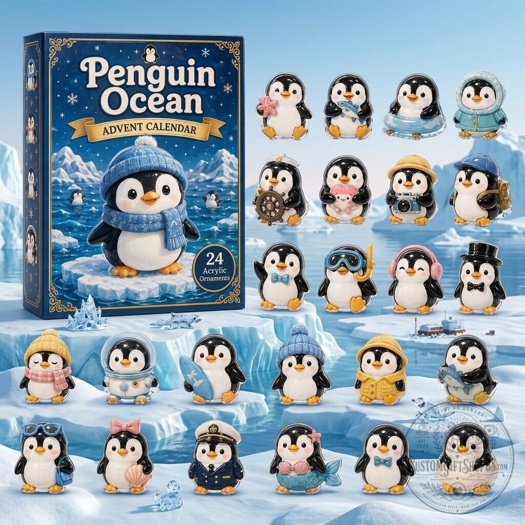 Penguin Ocean Advent Calendar 2026 – 24 Acrylic Ornaments Christmas Countdown | Winter Coastal Holiday Decor