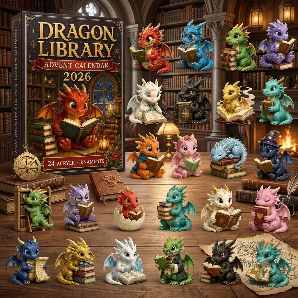 Dragon Library Advent Calendar 2026 – 24-Day Christmas Countdown | Fantasy Book Lover Acrylic Charm Collection