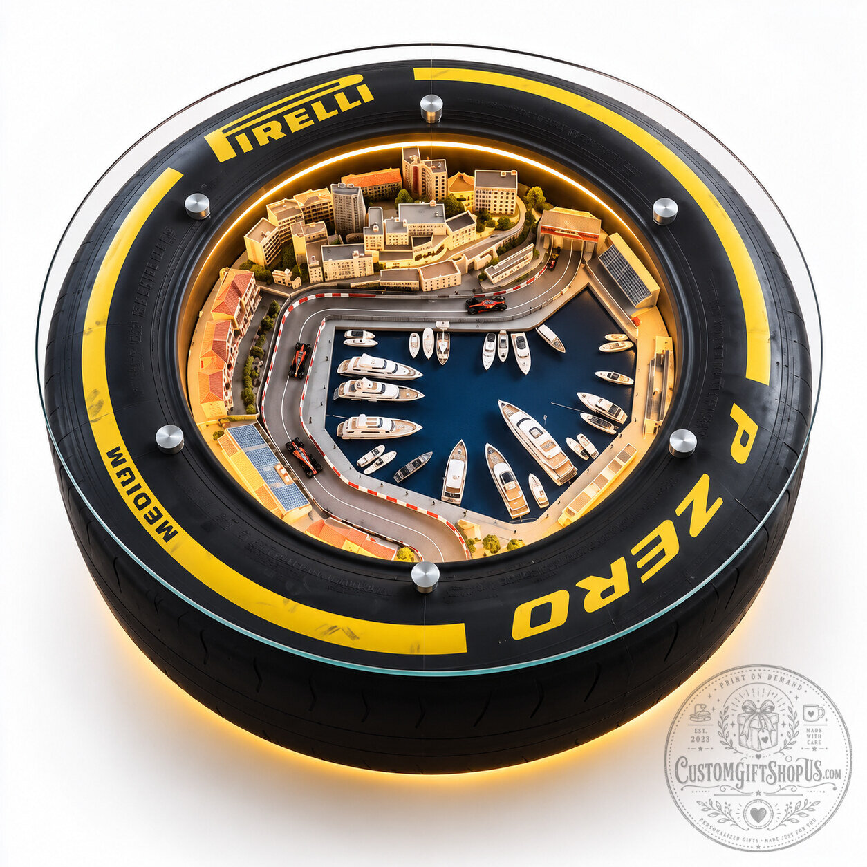 Pirelli P Zero Formula 1 Coffee Table – F1 Racing Tire Glass Top Table | Motorsport Collector Furniture