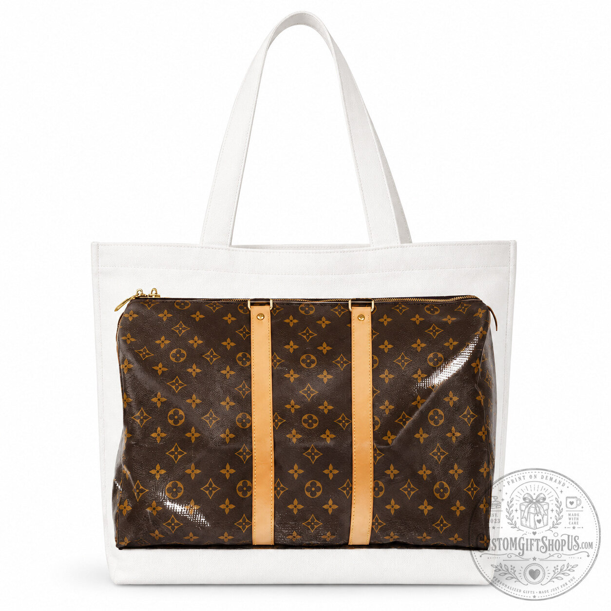 White Canvas Grocery Tote Bag – Embossed Luxury Handbag Inspired Design | Reusable Shopping Carryall