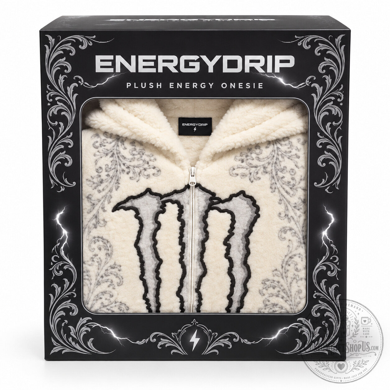 Monster Energy Ultra White Fuzzy Onesie – Cozy Full-Body Pajama Suit | Energy Drink Inspired Loungewear
