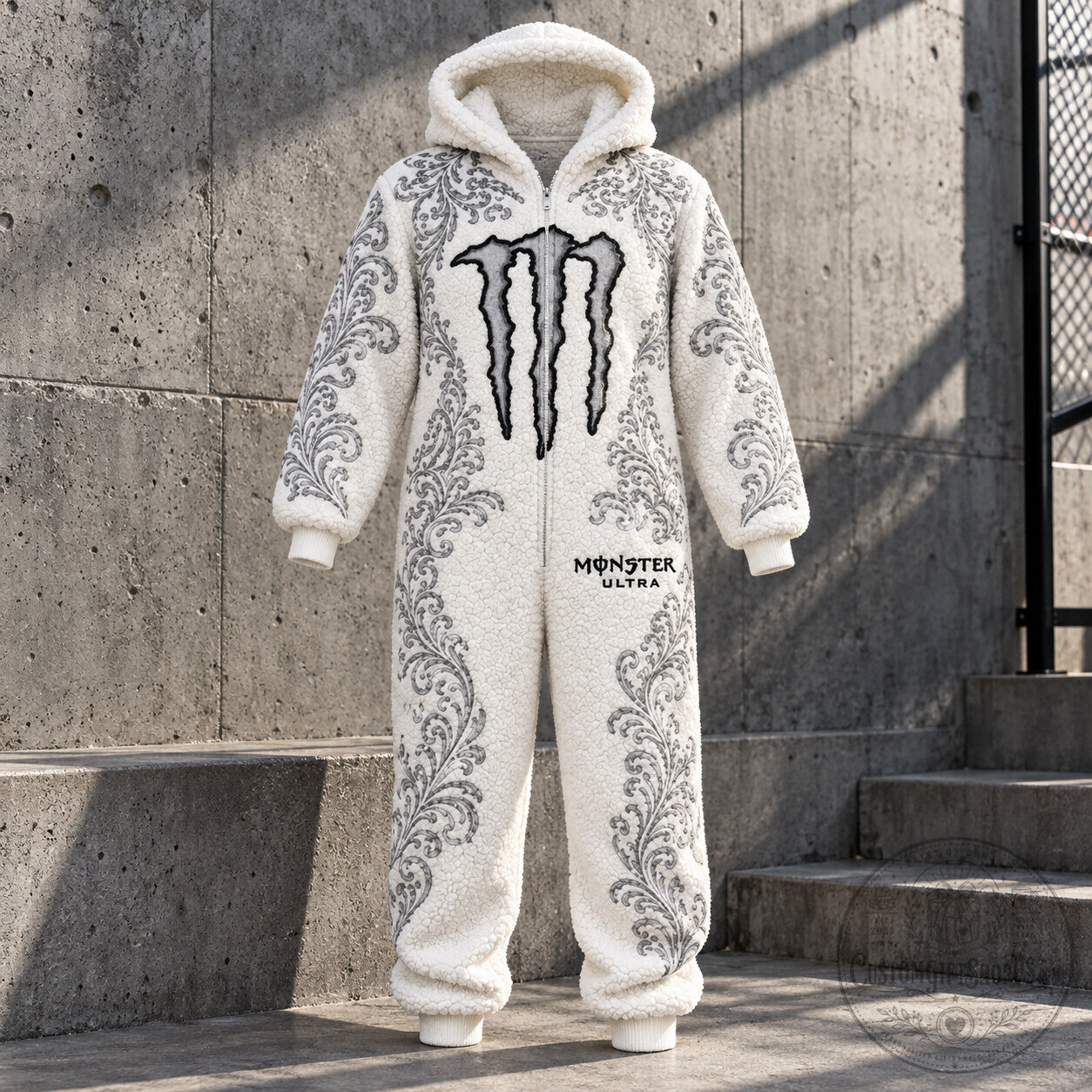 Monster Energy Ultra White Fuzzy Onesie – Cozy Full-Body Pajama Suit | Energy Drink Inspired Loungewear Monster Energy Ultra White Fuzzy Onesie – Cozy Full-Body Pajama Suit | Energy Drink Inspired Loungewear