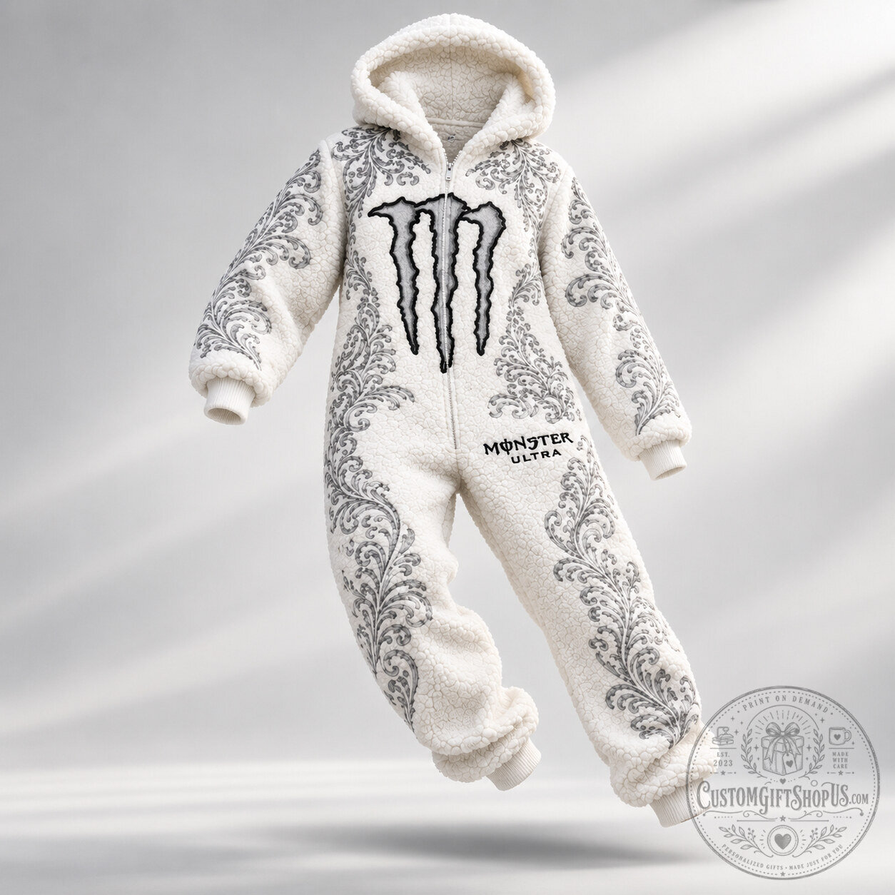 Monster Energy Ultra White Fuzzy Onesie – Cozy Full-Body Pajama Suit | Energy Drink Inspired Loungewear Monster Energy Ultra White Fuzzy Onesie – Cozy Full-Body Pajama Suit | Energy Drink Inspired Loungewear