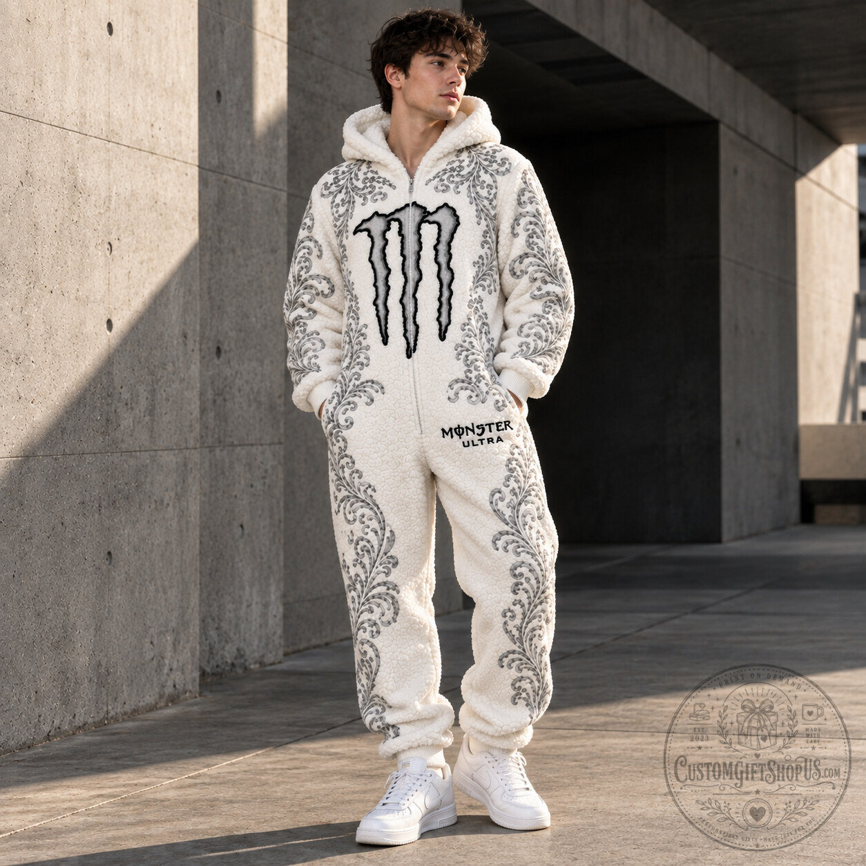 Monster Energy Ultra White Fuzzy Onesie – Cozy Full-Body Pajama Suit | Energy Drink Inspired Loungewear Monster Energy Ultra White Fuzzy Onesie – Cozy Full-Body Pajama Suit | Energy Drink Inspired Loungewear