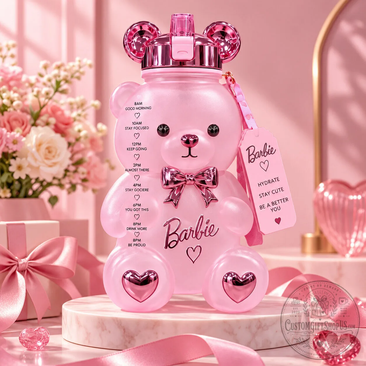 Pink Barbie Inspired Teddy Bear Water Bottle 2026 – Cute Bear Drink Bottle | Kawaii Gift for Barbie Fans