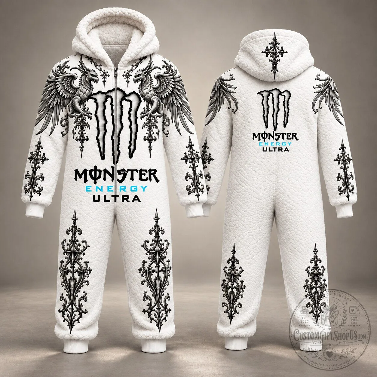 Monster Energy Ultra Inspired Hooded Onesie – Gothic Filigree Dragon Graphic Jumpsuit | Motorsport Streetwear