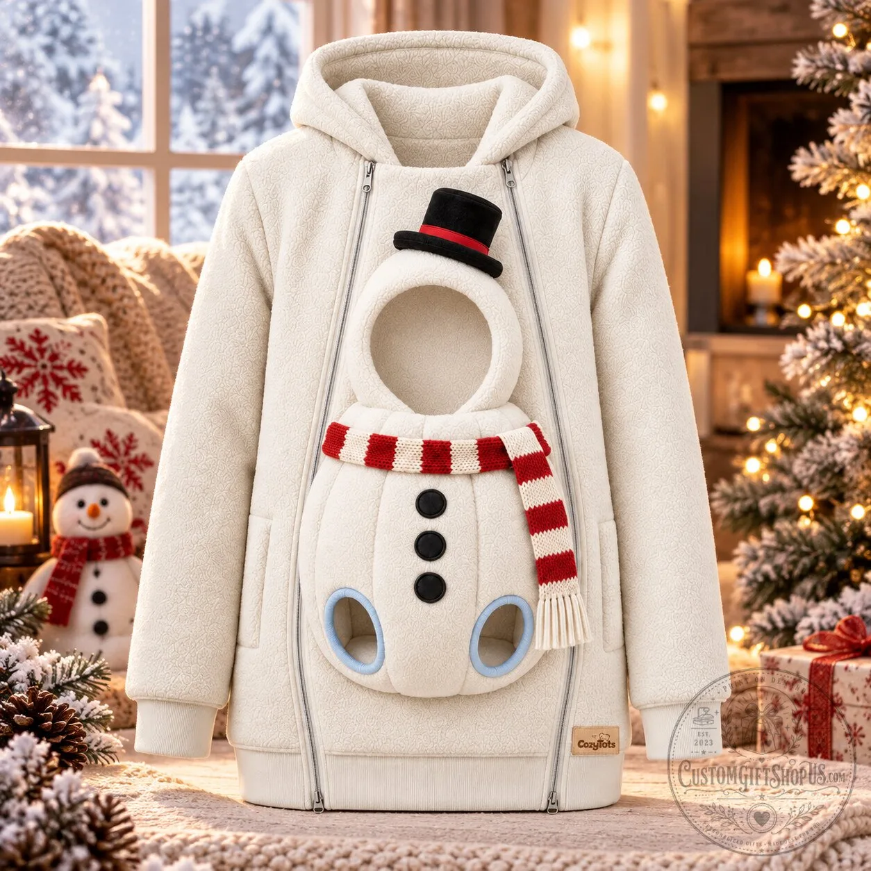 Baby Snowman Fuzzy Hooded Jacket – White Christmas Coat with Striped Scarf | Cute Holiday Outfit