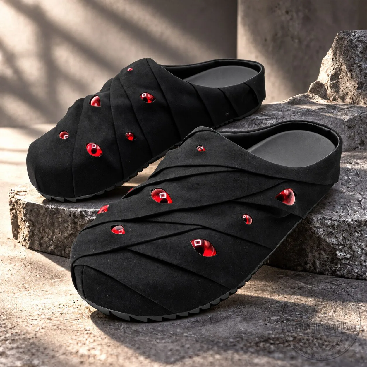 ESENES Worldwide Eyeball Mules Black Danzo – Danzō Shimura Naruto Style Slip-On Shoes ESENES Worldwide Eyeball Mules Black Danzo – Danzō Shimura Naruto Style Slip-On Shoes