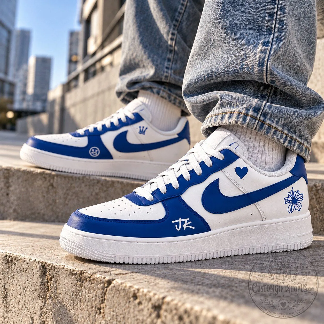 BTS Jungkook REBEL '97 Custom Air Force 1 Sneakers – Blue White Shoes | K-Pop Fan Gift BTS Jungkook REBEL '97 Custom Air Force 1 Sneakers – Blue White Shoes | K-Pop Fan Gift