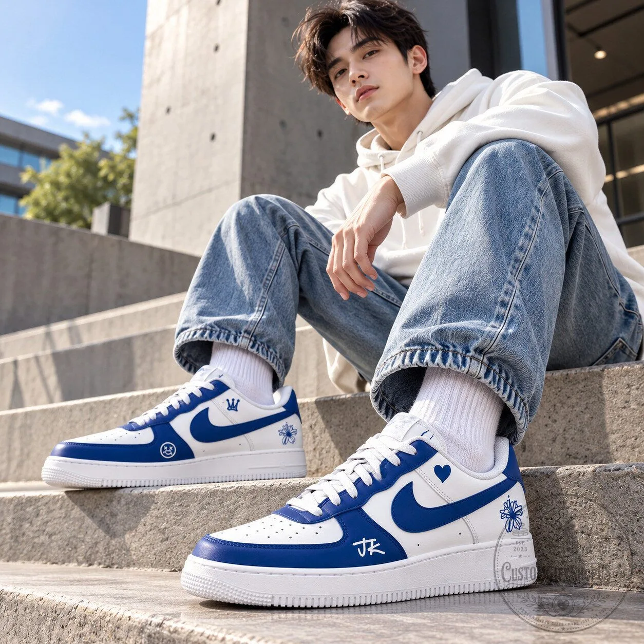 BTS Jungkook REBEL '97 Custom Air Force 1 Sneakers – Blue White Shoes | K-Pop Fan Gift BTS Jungkook REBEL '97 Custom Air Force 1 Sneakers – Blue White Shoes | K-Pop Fan Gift