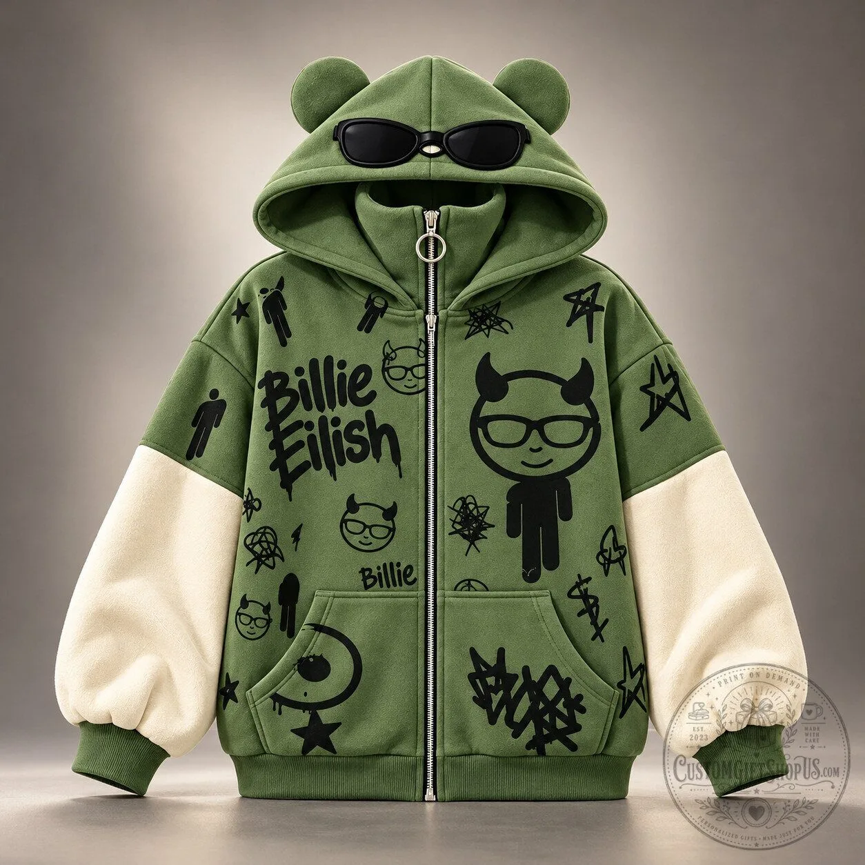 Billie Eilish Graffiti Devil Ear Hoodie 2026 – Zip-Up Streetwear Jacket | Gift for Fans
